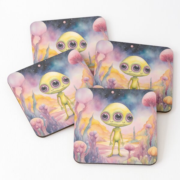 Item preview, Three eyed cute Alien surrounded by coral Watercolor Painting  designed and sold by Juana-.