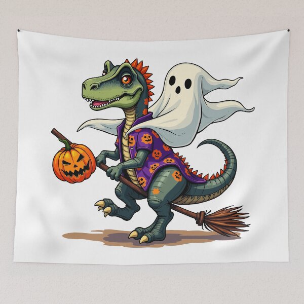 Item preview, Funny Dinosaur and Ghost Halloween Broomstick Ride designed and sold by Quirky Shirts.
