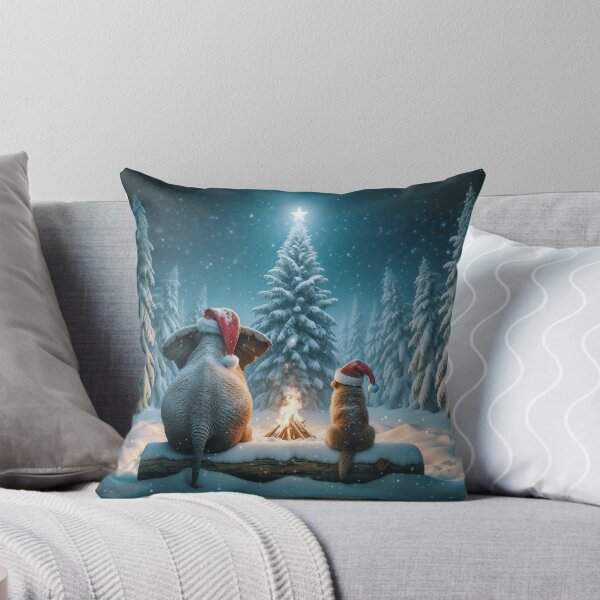 Item preview, elephant and dog sitting in the forest looking at Christmas tree, greeting card designed and sold by Mike Kiev art.