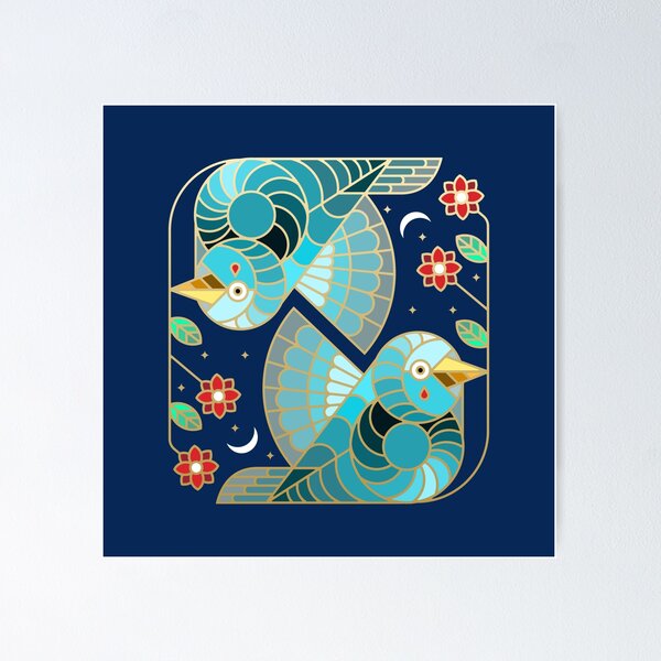 Artikelvorschau, Schöne Art Deco Midnight Bluebirds und Blüten entworfen und verkauft von BunnyThePainter.