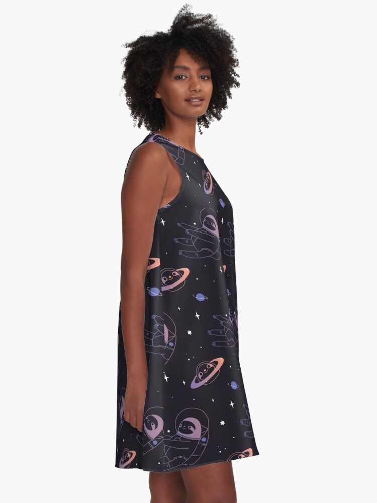Alternate view of Astro sloth and planet sloth pattern in black background A-Line Dress