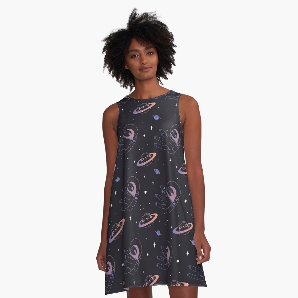 Astro sloth and planet sloth pattern in black background  A-Line Dress