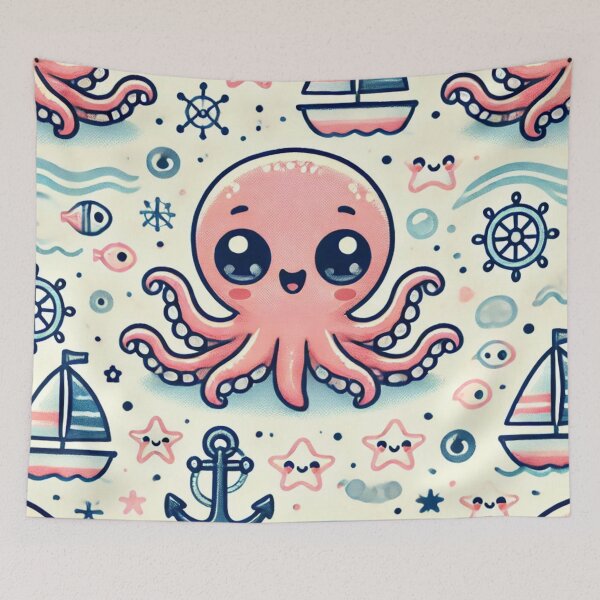 Item preview, Kawaii Octopus Playing with Boats and Starfish in a Nautical Fantasy World designed and sold by TeslaSt0re.