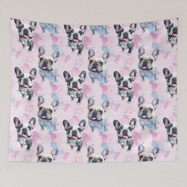 Item preview, Watercolor seamless pattern featuring adorable pugs in pastel pink and blue tones designed and sold by Mariana Shymkovych.