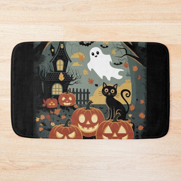 Item preview, Vintage Halloween Charm Cozy Jack-o'-Lantern Cat Bat Ghost Castle designed and sold by Flowrena.
