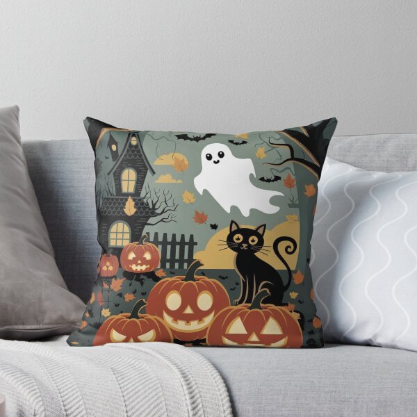Item preview, Vintage Halloween Charm Cozy Jack-o'-Lantern Cat Bat Ghost Castle designed and sold by Flowrena.