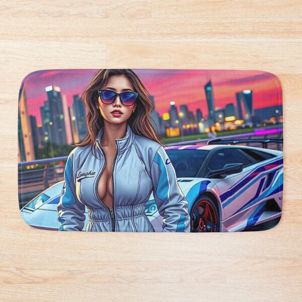 Artikelvorschau, Schöne Frau vor einem Lamborghini im Rennanzug entworfen und verkauft von Salimgor Hangaround Music.