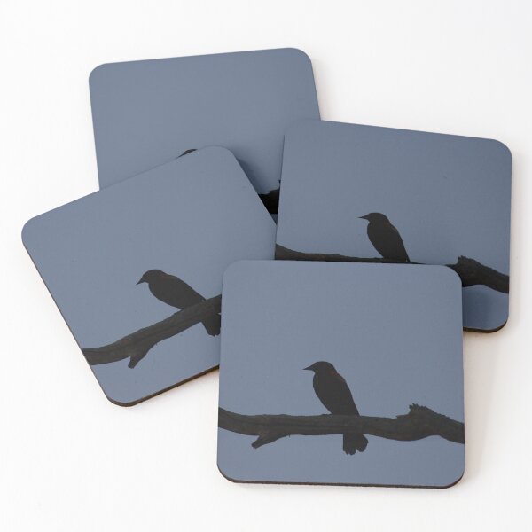 Item preview, simple black bird on branch silhouette against grey blue sky designed and sold by Jacobs-Media.