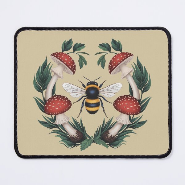 Item preview, Bee and red mushrooms - cottagecore and goblincore cute honey botanical illustration aesthetic green girly forest insect nature fall designed and sold by Fantasy Cache.