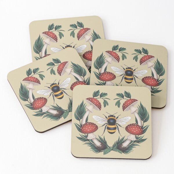 Item preview, Bee and red mushrooms - cottagecore and goblincore cute honey botanical illustration aesthetic green girly forest insect nature fall designed and sold by Fantasy Cache.