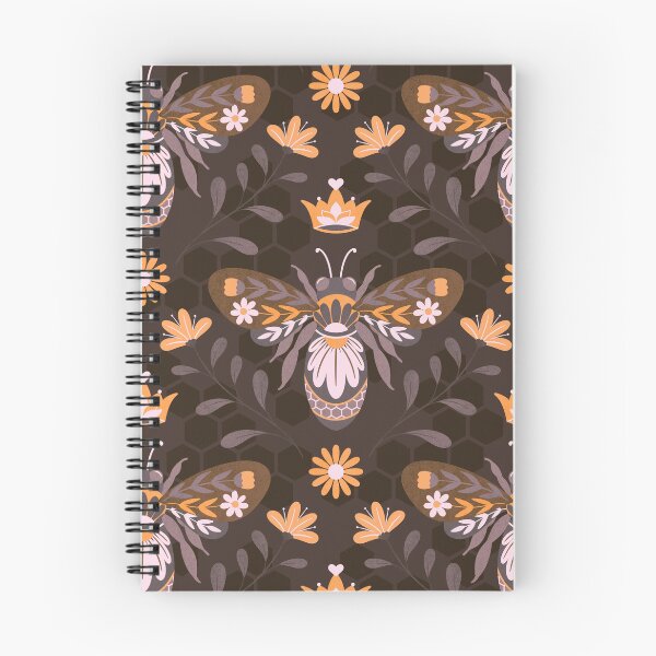 Aperçu de l'œuvre Motif floral Reine des abeilles et nid d'abeilles Marron orange jaune sur marron foncé créée et vendue par Guided by Light Art.