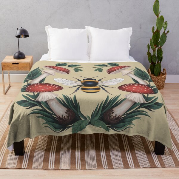 Item preview, Bee and red mushrooms - cottagecore and goblincore cute honey botanical illustration aesthetic green girly forest insect nature fall designed and sold by Fantasy Cache.