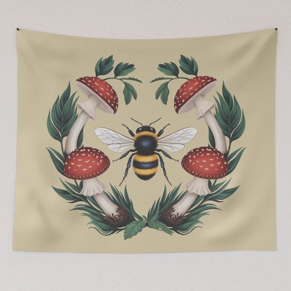 Item preview, Bee and red mushrooms - cottagecore and goblincore cute honey botanical illustration aesthetic green girly forest insect nature fall designed and sold by Fantasy Cache.