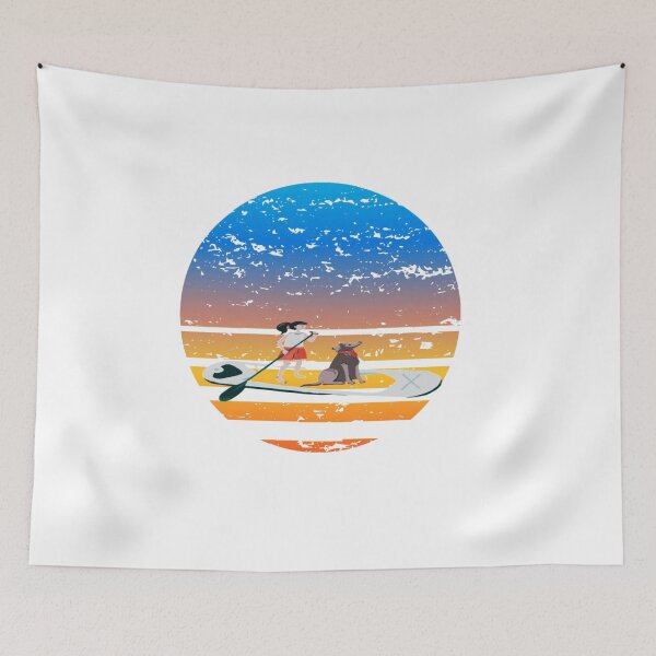 Item preview, Design of a girl and her Labrador dog enjoying paddleboarding and SUB Yoga, on a retro sunset. the best gift designed and sold by StyleFused.