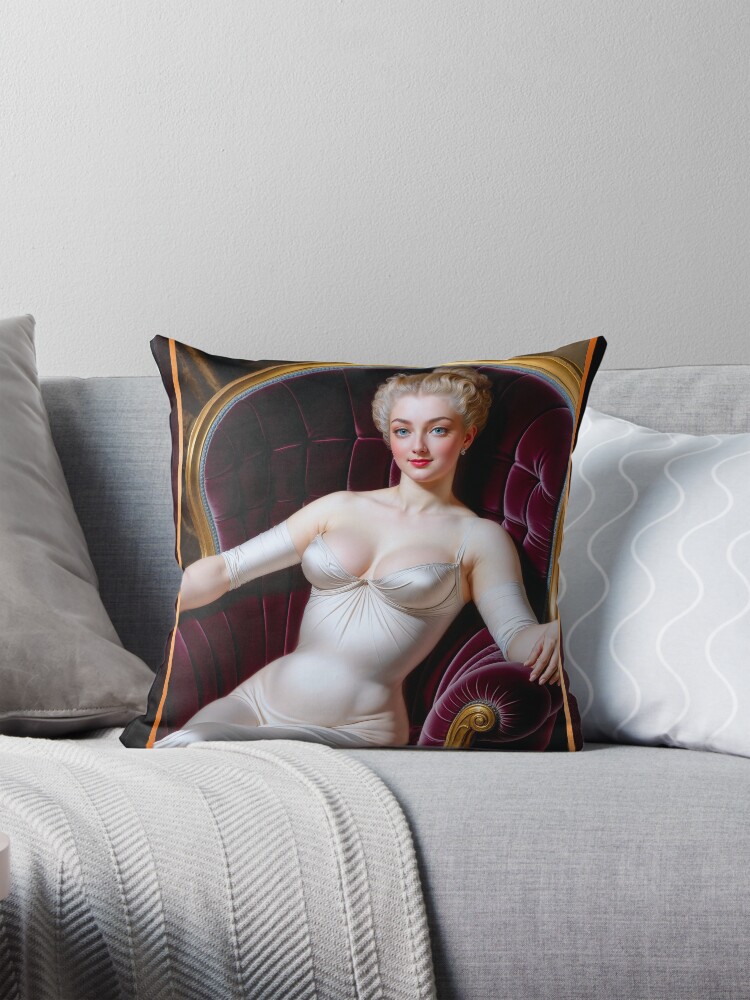 Exquisite Retro Hollywood Glamour Pin-Up Blonde Beauty Alluring AI Concept Art by Xzendor7 Decorative Art Print Throw Pillow