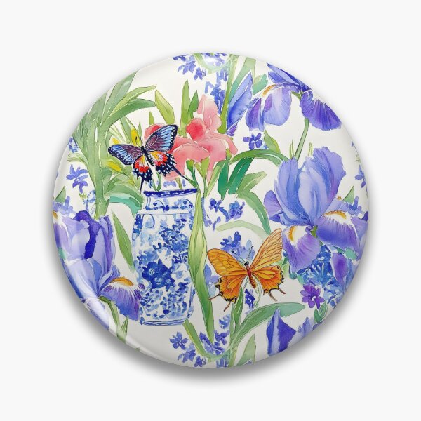 Item preview, Purple irises in chinoiserie jar and butterflies watercolor sketch designed and sold by SophieClimaArt.