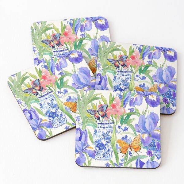 Item preview, Purple irises in chinoiserie jar and butterflies watercolor sketch designed and sold by SophieClimaArt.