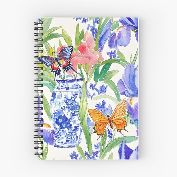 Item preview, Purple irises in chinoiserie jar and butterflies watercolor sketch designed and sold by SophieClimaArt.