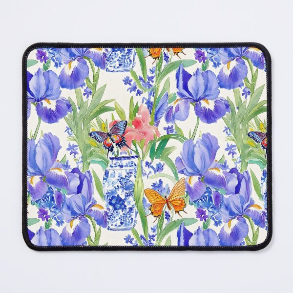 Item preview, Purple irises in chinoiserie jar and butterflies watercolor sketch designed and sold by SophieClimaArt.