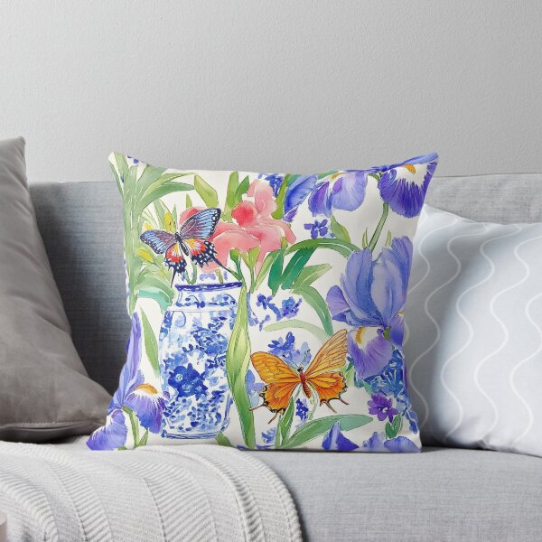 Item preview, Purple irises in chinoiserie jar and butterflies watercolor sketch designed and sold by SophieClimaArt.