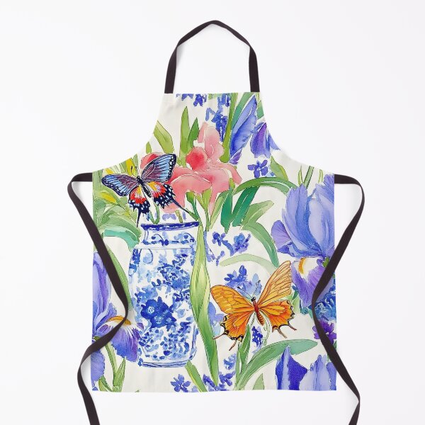 Item preview, Purple irises in chinoiserie jar and butterflies watercolor sketch designed and sold by SophieClimaArt.