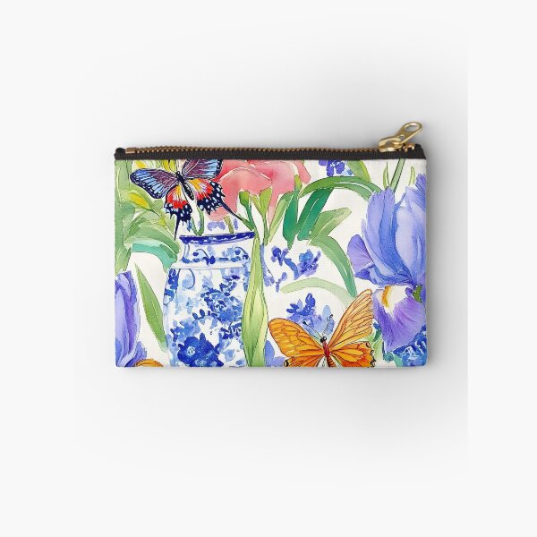 Item preview, Purple irises in chinoiserie jar and butterflies watercolor sketch designed and sold by SophieClimaArt.