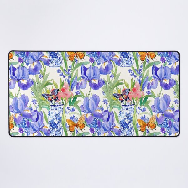 Item preview, Purple irises in chinoiserie jar and butterflies watercolor sketch designed and sold by SophieClimaArt.
