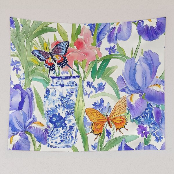Item preview, Purple irises in chinoiserie jar and butterflies watercolor sketch designed and sold by SophieClimaArt.
