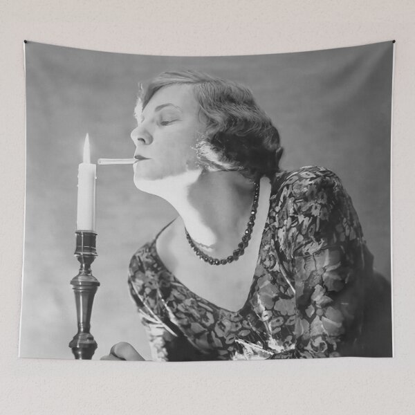 Item preview, Woman Lighting Cigarette From Candle, Vintage Black and White Old Photo designed and sold by modernretro.