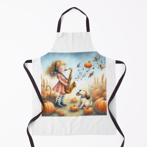 Item preview, Girl Playing Saxophone with White Lab Puppy Dog Making Whimsical Creations in Pumpkin Patch designed and sold by ElegantTeaTime.