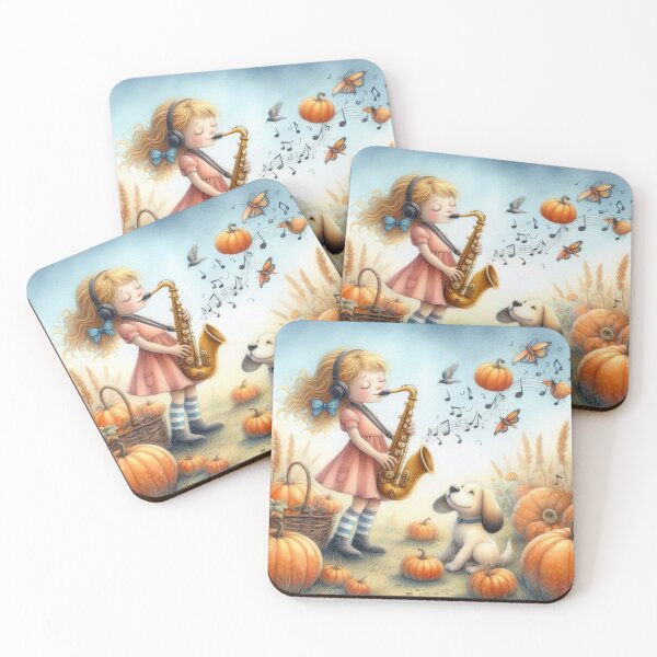Item preview, Girl Playing Saxophone with White Lab Puppy Dog Making Whimsical Creations in Pumpkin Patch designed and sold by ElegantTeaTime.