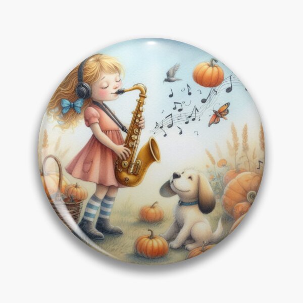 Item preview, Girl Playing Saxophone with White Lab Puppy Dog Making Whimsical Creations in Pumpkin Patch designed and sold by ElegantTeaTime.