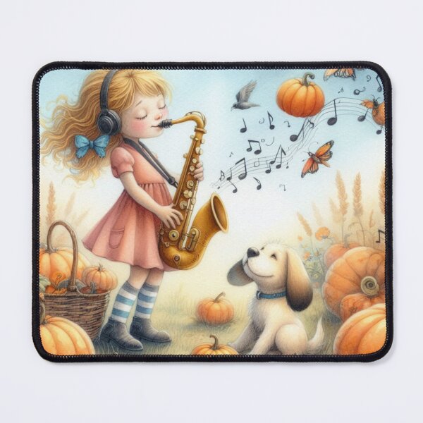 Item preview, Girl Playing Saxophone with White Lab Puppy Dog Making Whimsical Creations in Pumpkin Patch designed and sold by ElegantTeaTime.