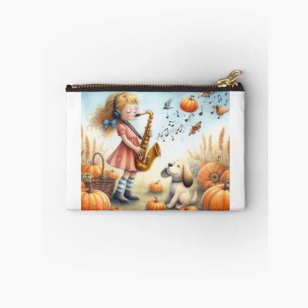 Item preview, Girl Playing Saxophone with White Lab Puppy Dog Making Whimsical Creations in Pumpkin Patch designed and sold by ElegantTeaTime.