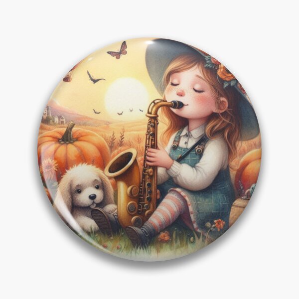 Item preview, Girl Playing Saxophone with White Lab Puppy Dog and Butterflies and Air Balloons in Pumpkin Patch designed and sold by ElegantTeaTime.