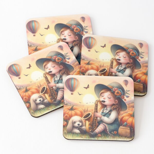 Item preview, Girl Playing Saxophone with White Lab Puppy Dog and Butterflies and Air Balloons in Pumpkin Patch designed and sold by ElegantTeaTime.