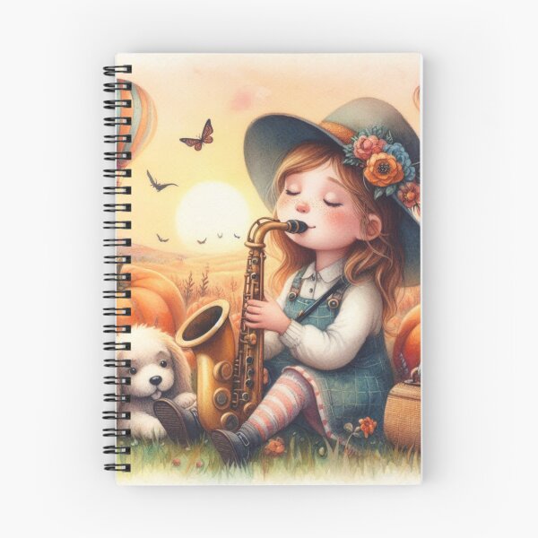 Item preview, Girl Playing Saxophone with White Lab Puppy Dog and Butterflies and Air Balloons in Pumpkin Patch designed and sold by ElegantTeaTime.