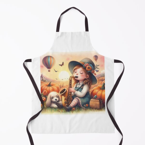 Item preview, Girl Playing Saxophone with White Lab Puppy Dog and Butterflies and Air Balloons in Pumpkin Patch designed and sold by ElegantTeaTime.