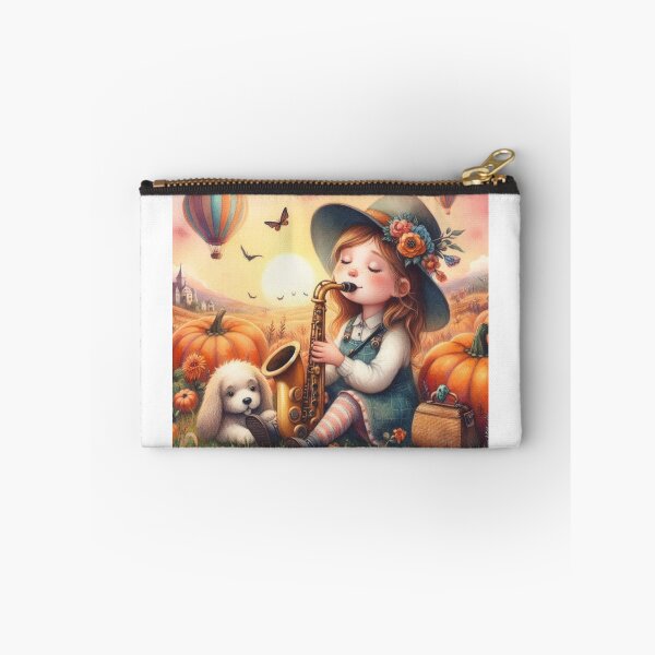 Item preview, Girl Playing Saxophone with White Lab Puppy Dog and Butterflies and Air Balloons in Pumpkin Patch designed and sold by ElegantTeaTime.