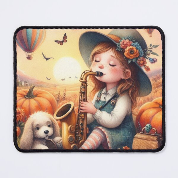 Item preview, Girl Playing Saxophone with White Lab Puppy Dog and Butterflies and Air Balloons in Pumpkin Patch designed and sold by ElegantTeaTime.