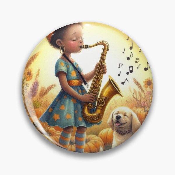 Item preview, Girl Playing Saxophone with Lab Puppy Dog and Butterflies in Pumpkin Patch designed and sold by ElegantTeaTime.