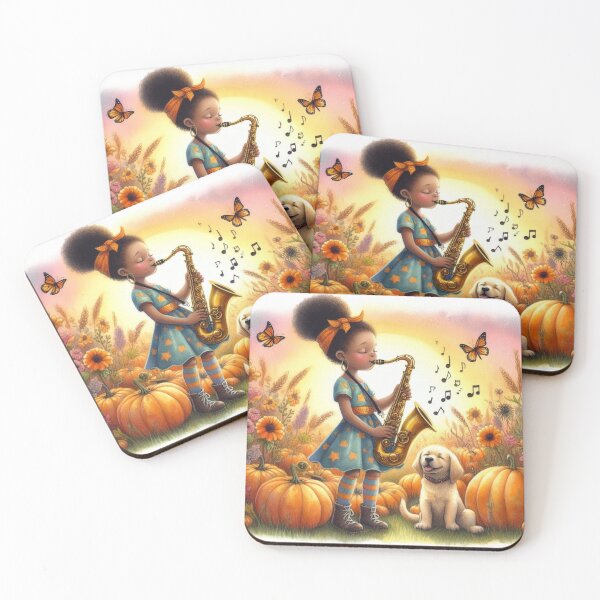Item preview, Girl Playing Saxophone with Lab Puppy Dog and Butterflies in Pumpkin Patch designed and sold by ElegantTeaTime.