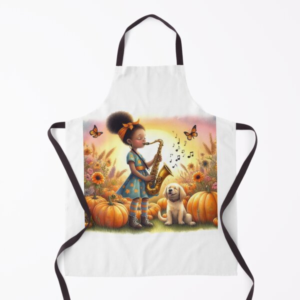 Item preview, Girl Playing Saxophone with Lab Puppy Dog and Butterflies in Pumpkin Patch designed and sold by ElegantTeaTime.