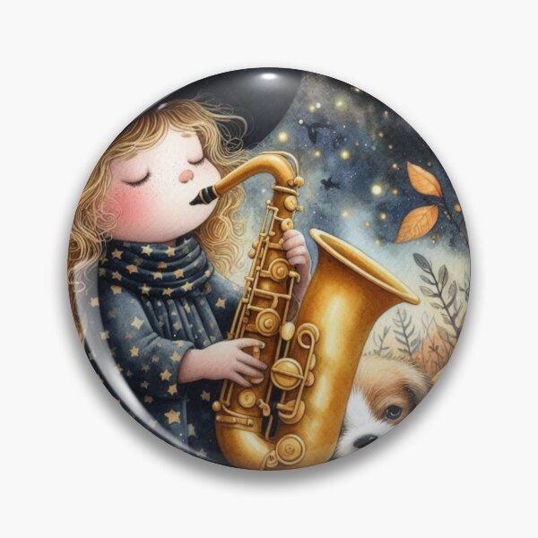 Item preview, Girl Playing Saxophone with Spotted Puppy Dog and Bats in Pumpkin Patch on Halloween Night  designed and sold by ElegantTeaTime.