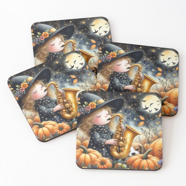 Item preview, Girl Playing Saxophone with Spotted Puppy Dog and Bats in Pumpkin Patch on Halloween Night  designed and sold by ElegantTeaTime.