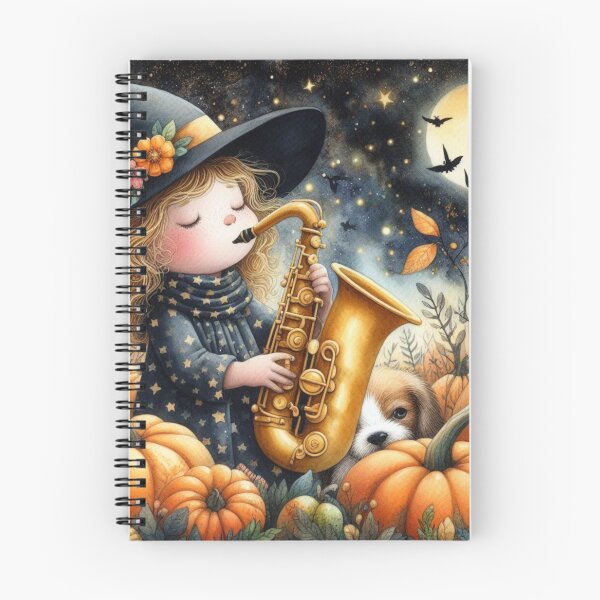 Item preview, Girl Playing Saxophone with Spotted Puppy Dog and Bats in Pumpkin Patch on Halloween Night  designed and sold by ElegantTeaTime.