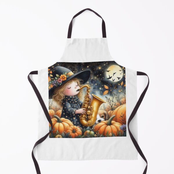 Item preview, Girl Playing Saxophone with Spotted Puppy Dog and Bats in Pumpkin Patch on Halloween Night designed and sold by ElegantTeaTime.