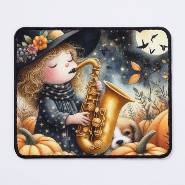 Item preview, Girl Playing Saxophone with Spotted Puppy Dog and Bats in Pumpkin Patch on Halloween Night designed and sold by ElegantTeaTime.