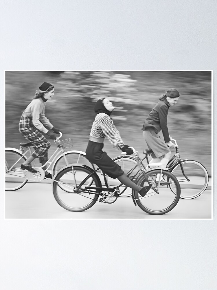 Women Riding Bicycles, Vintage Black and White Old Photo