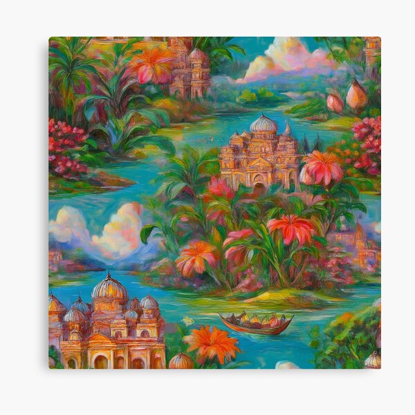 Item preview, Blue and Pink, Flroal Colorful Huts Painting – Vibrant Tropical Beach Palace Art for Bright Coastal and Rustic Décor designed and sold by Kindly NYC.